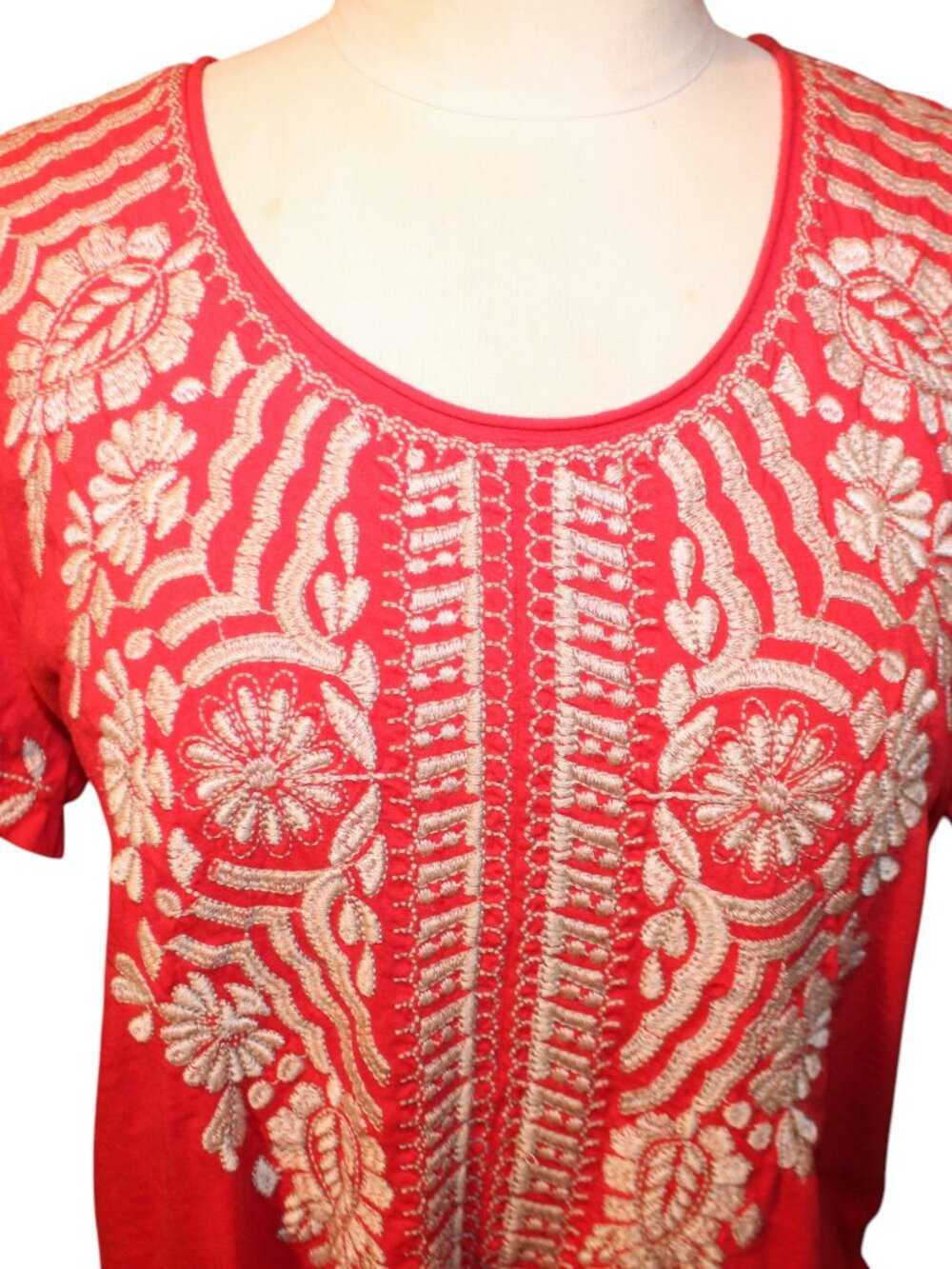 JOHNNY WAS Embroidered Rita Knot Tie Front Top Size XL Red Coral Boho Designer - Picture 4 of 13